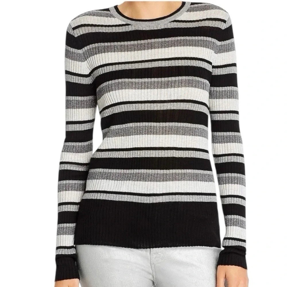 FRAME Panel Stripe Crew Metallic Ribbed Sweater Silver Black Multi M